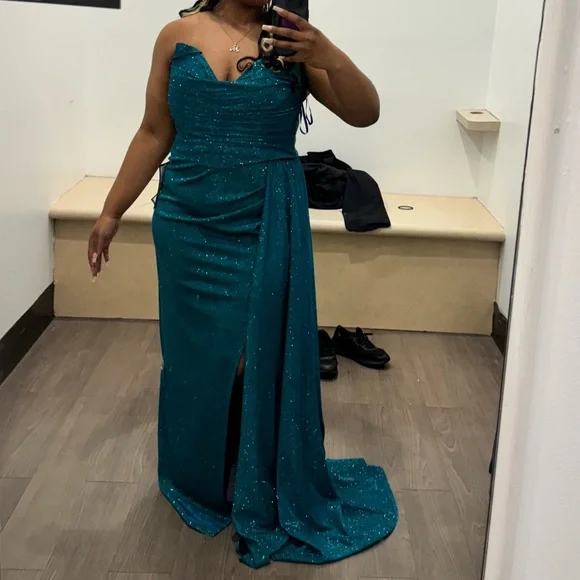 slim fit dress slacks Betsy and Adam Long Green Prom Dress A25610 Teal / 2 main image 1
